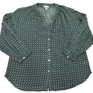 J.Jill Top Womens Small Green‎ White Floral Printed Button Down Flowy Blouse